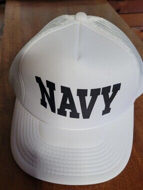 White Ballcap Style Hat With Black NAVY Lettering (C02)